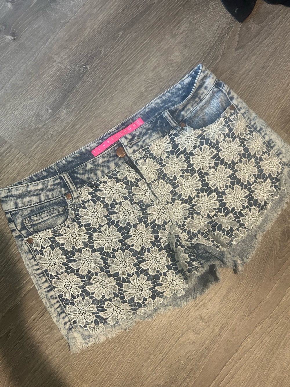 Women’s Floral Lace Denim Shorts - Blue with Cream Lace